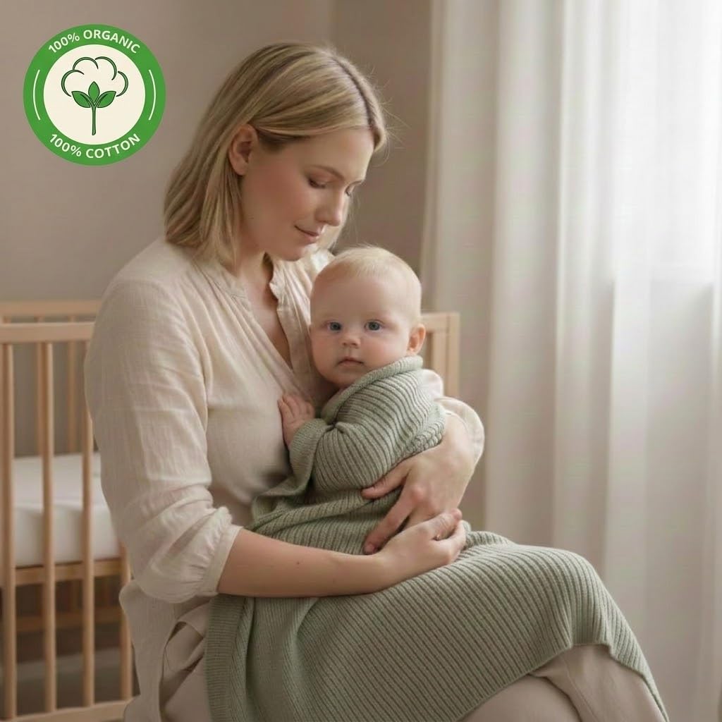 Huxie Denmark Organic Knitted Baby Blanket Ribbed Roman Green