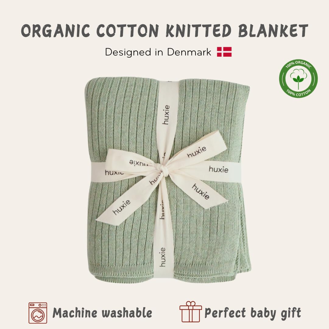 Huxie Denmark Organic Knitted Baby Blanket Ribbed Roman Green