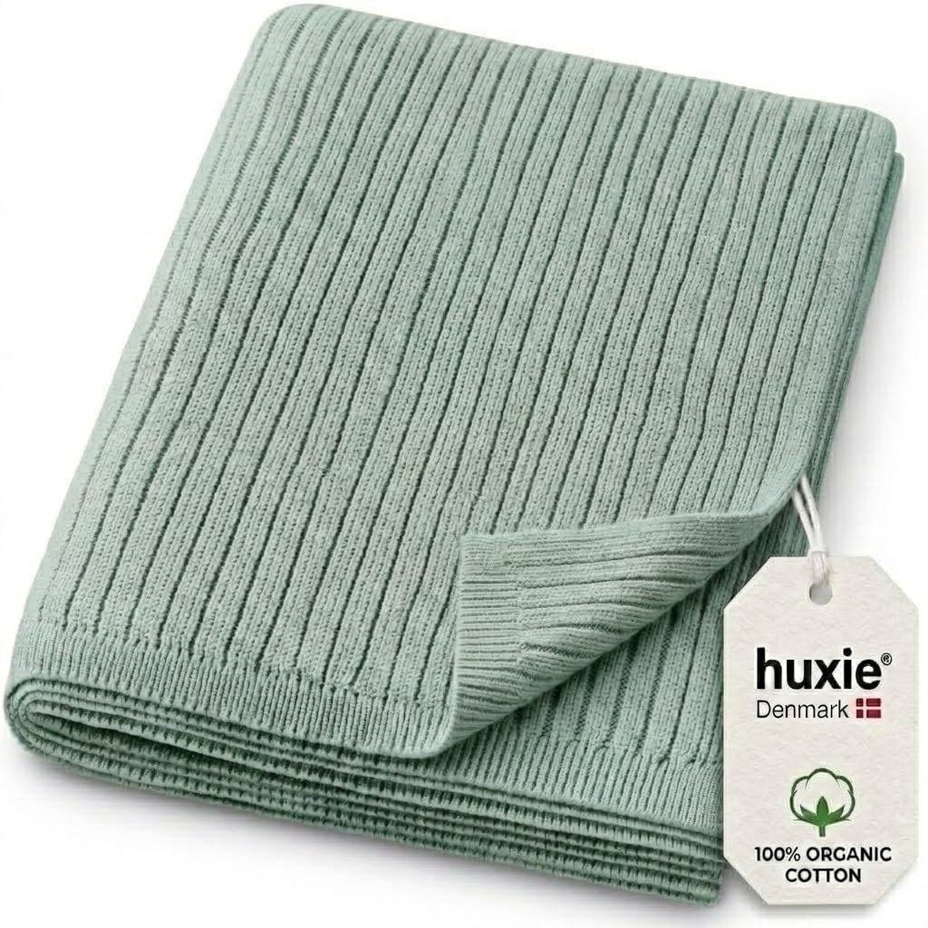 Huxie Denmark Organic Knitted Baby Blanket Ribbed Roman Green